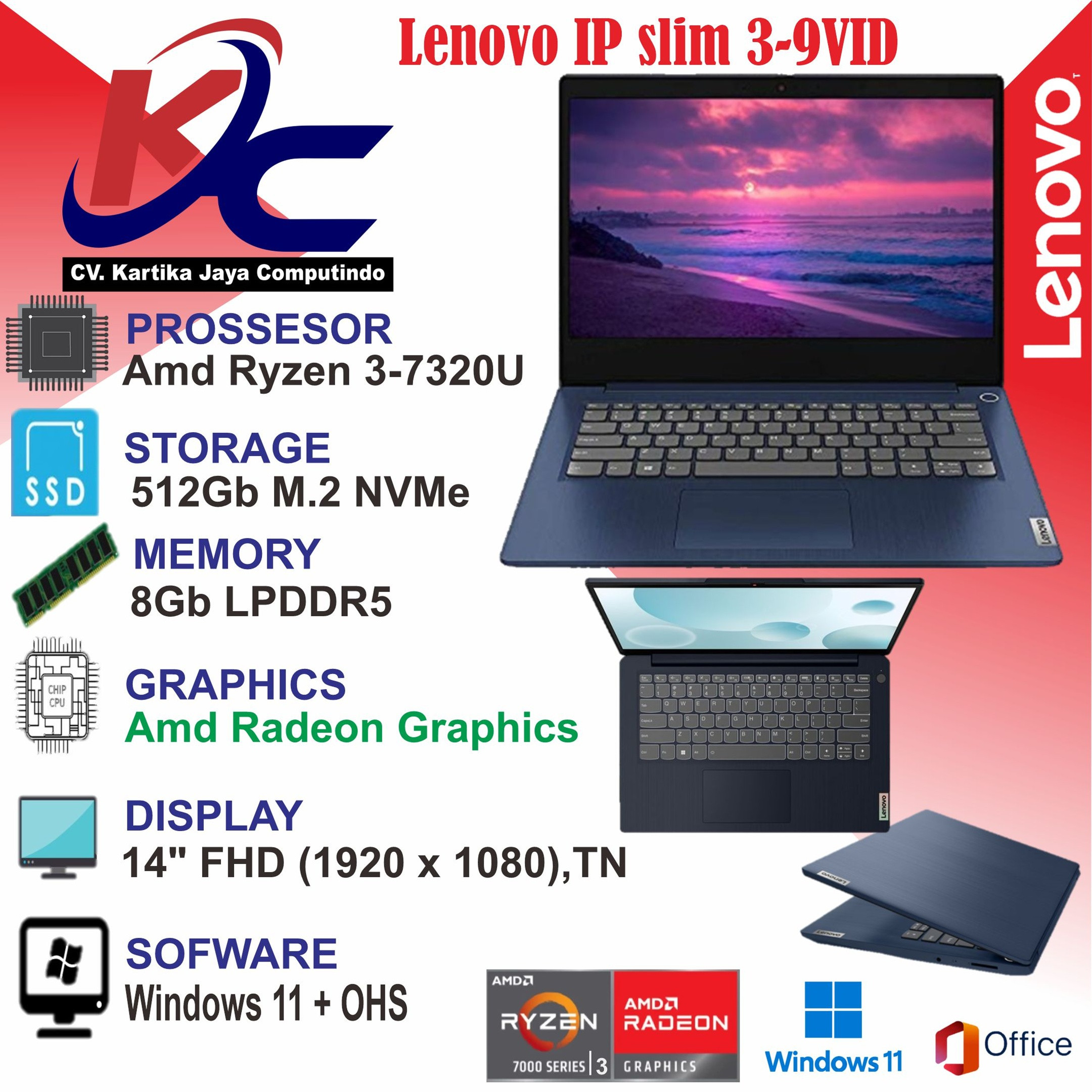 LENOVO IP 3 - 9VID  R3-7320/ 8GB/ SSD 512GB/ W11 OHS+M365 BLUE